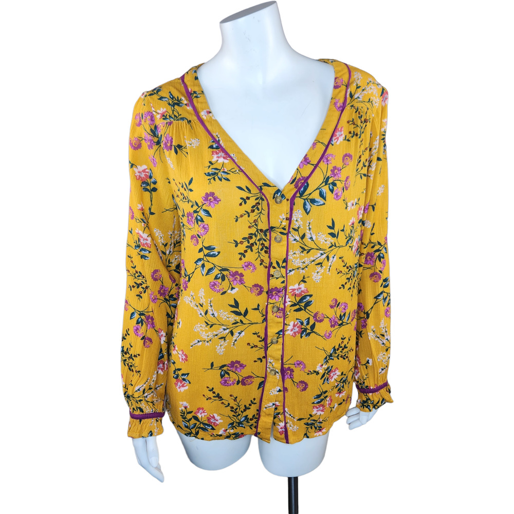 Kori American Womens Medium Gold‎ Floral Print Button Up Blouse Balloon Sleeves